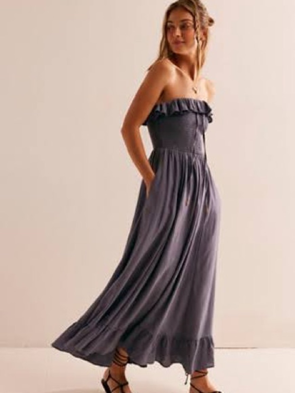 Free People  lush life linen Smocked Ruffle Maxi Dress in Magenta